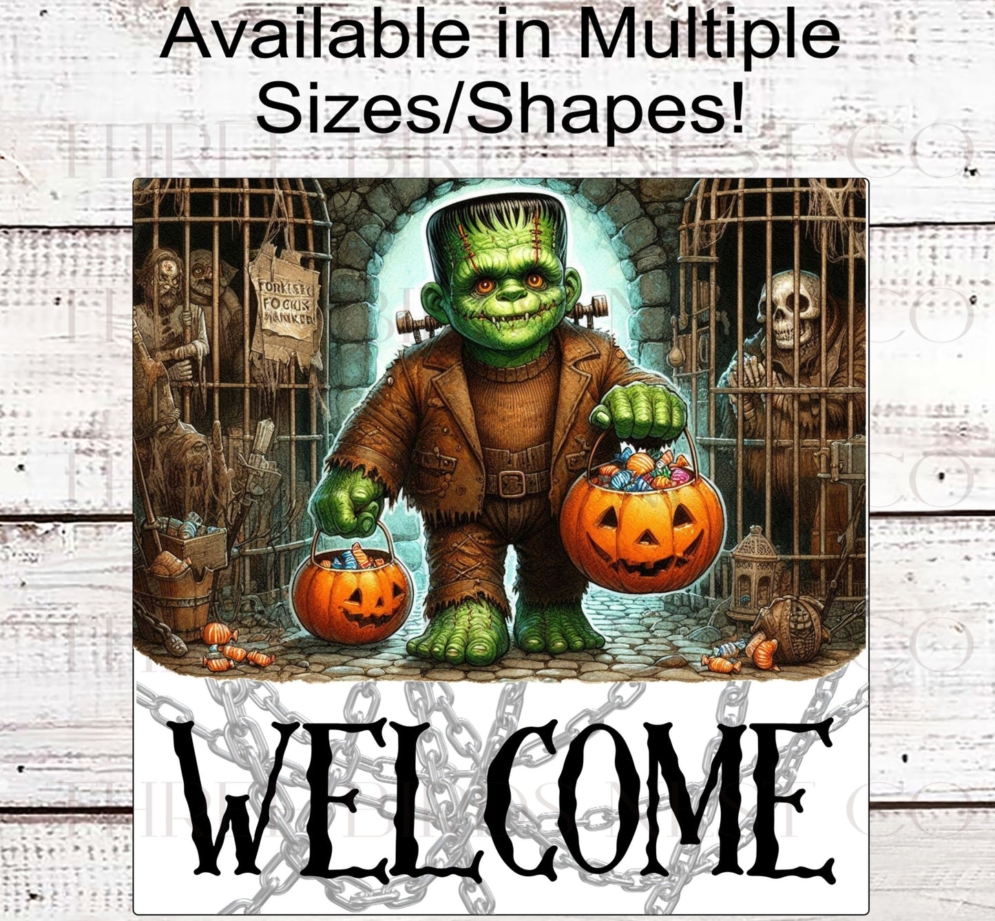 Monster of Frankenstein Halloween Wreath Sign - Halloween Candy Bucket - Skeleton Sign