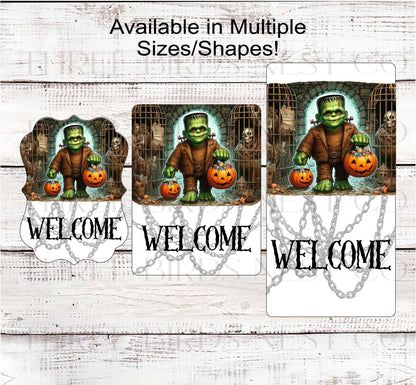 Monster of Frankenstein Halloween Wreath Sign - Halloween Candy Bucket - Skeleton Sign
