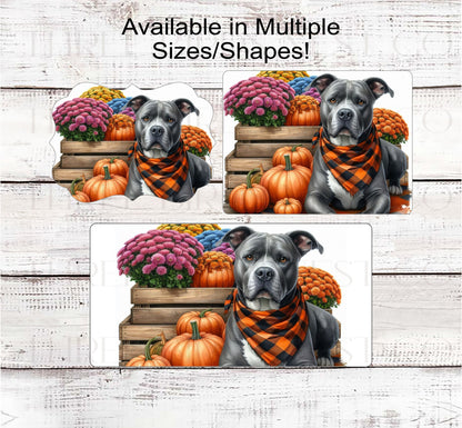 Fall Dog Wreath Sign - Grey and White Staffordshire Terrier - Pit Bull Lover - Pumpkins and Mums Sign - Welcome to Our Patch