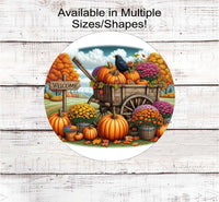 
              A beautiful Fall Scene with a Black Crow and Mums with a wooden wagon filled with pumpkins.
            