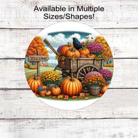 A beautiful Fall Scene with a Black Crow and Mums with a wooden wagon filled with pumpkins.