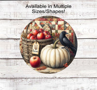 
              An adorable Primitive Wreath Sign featuring a black Crow sitting on a white pumpkin, next to a basket of fresh apples with pip berries all around. The background is a Fall colored quilt.
            