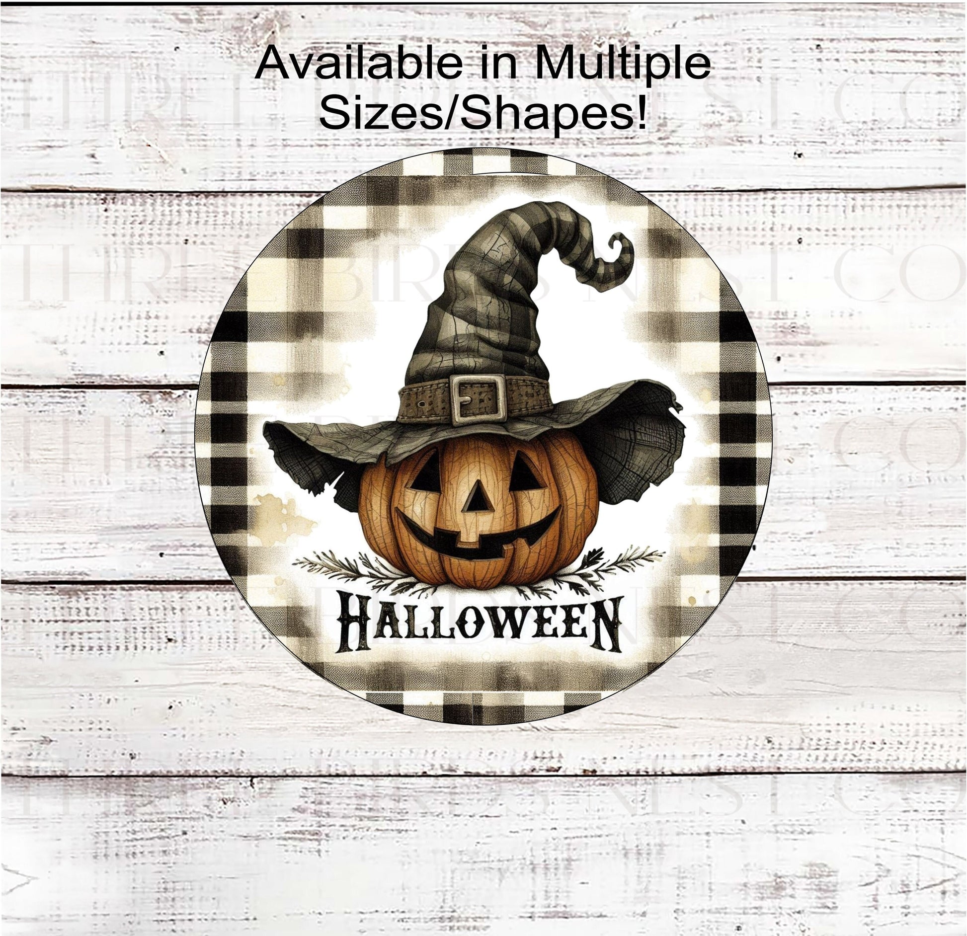 An adorable vintage look Halloween sign that features primitive Jack=O=Lantern in a Witch Hat on a black and white checked background.