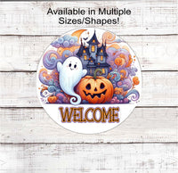 
              An adorable Haunted House with a happy Ghost and Jack-O-Lantern with swirls.
            