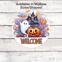 An adorable Haunted House with a happy Ghost and Jack-O-Lantern with swirls.