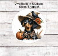 
              An adorable Doberman Pinscher dog dressed as a Fall Scarecrow.
            