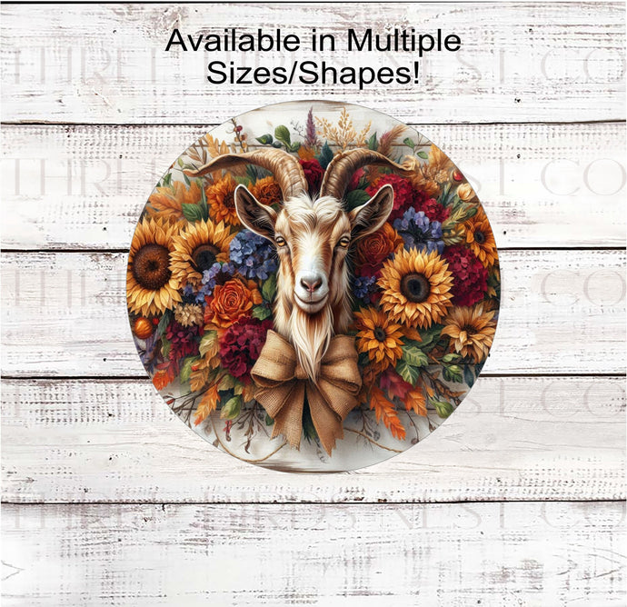 A beautiful Goat surrounded by Sunflowers and other florals.