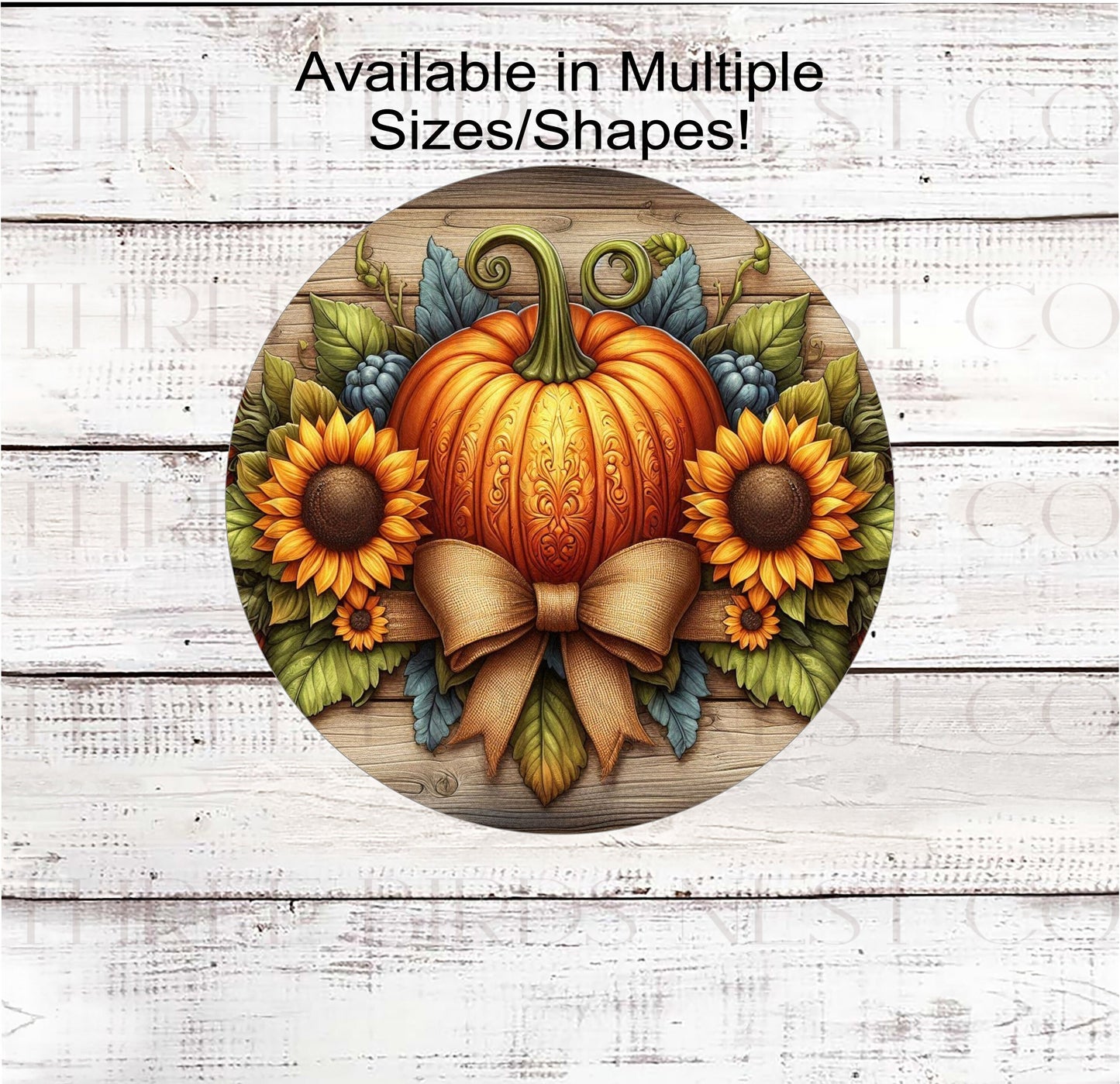 A beautiful Pumpkin surrounded by a Fall display of Sunflowers and other florals.