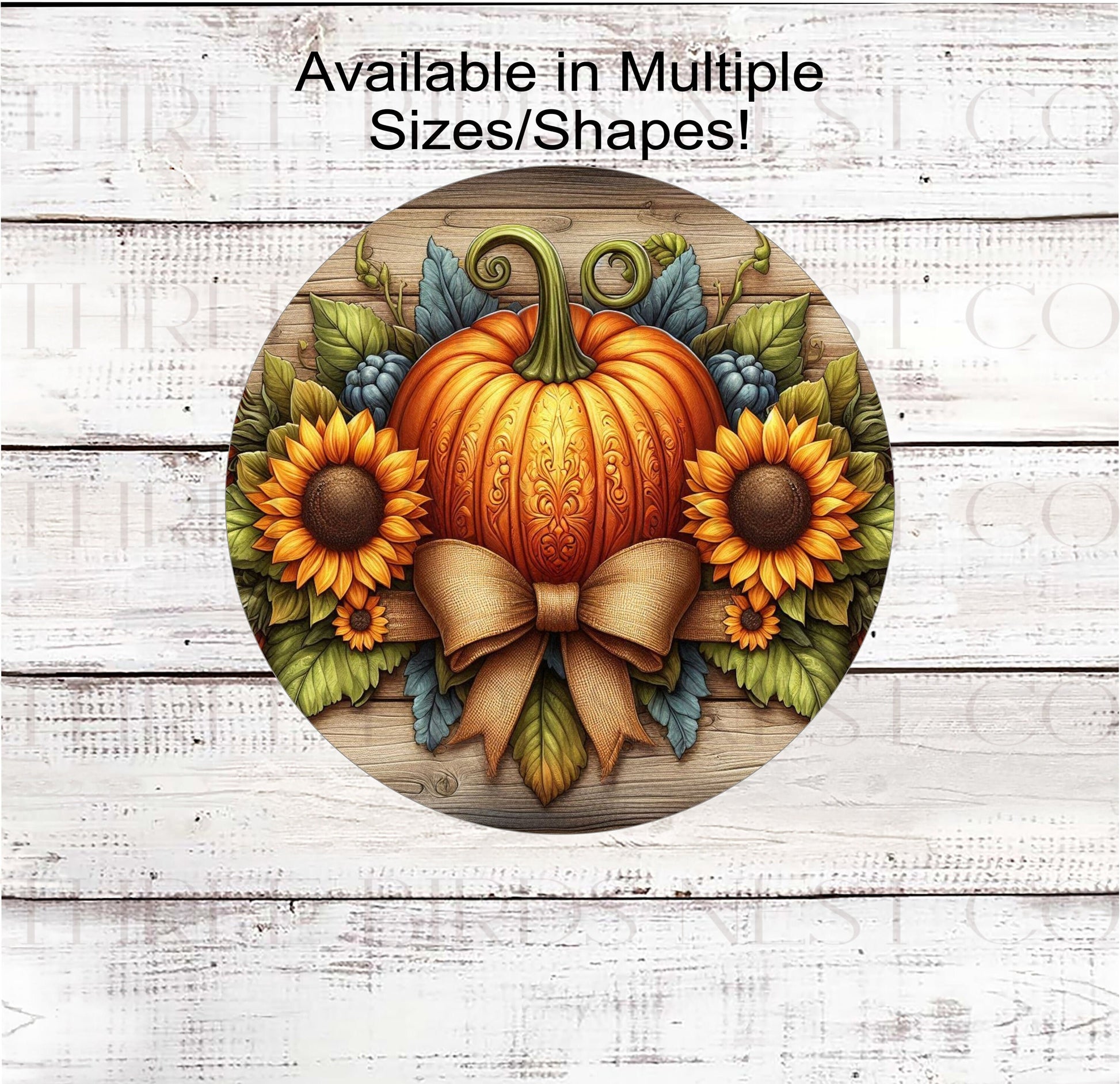 A beautiful Pumpkin surrounded by a Fall display of Sunflowers and other florals.