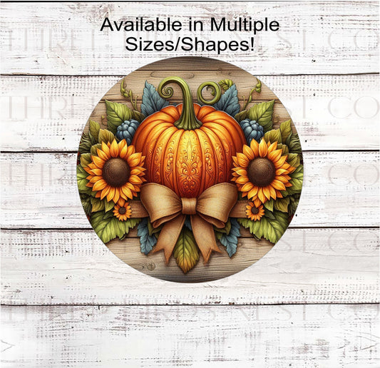 A beautiful Pumpkin surrounded by a Fall display of Sunflowers and other florals.