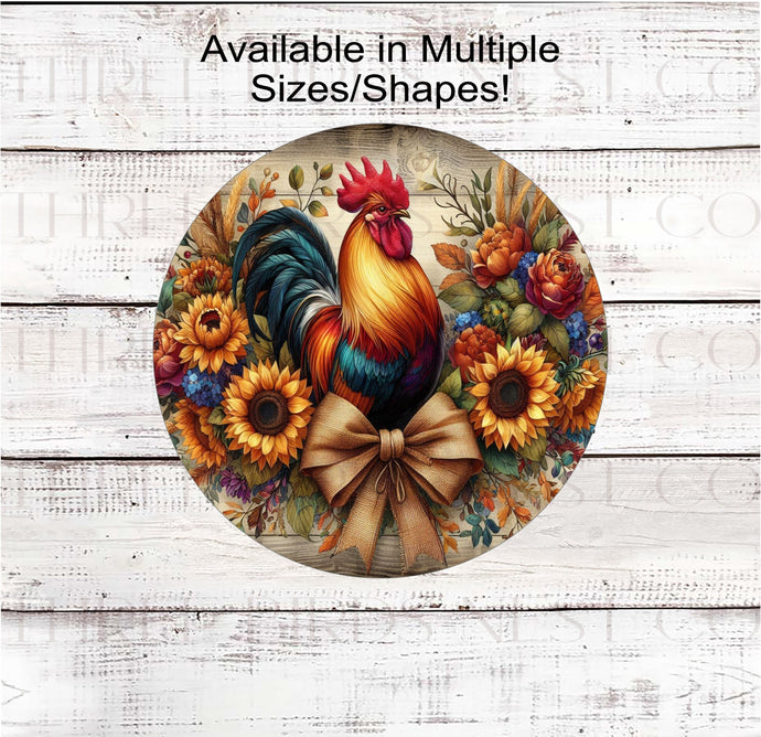 A beautiful Rooster surrounded by Sunflowers and other florals.