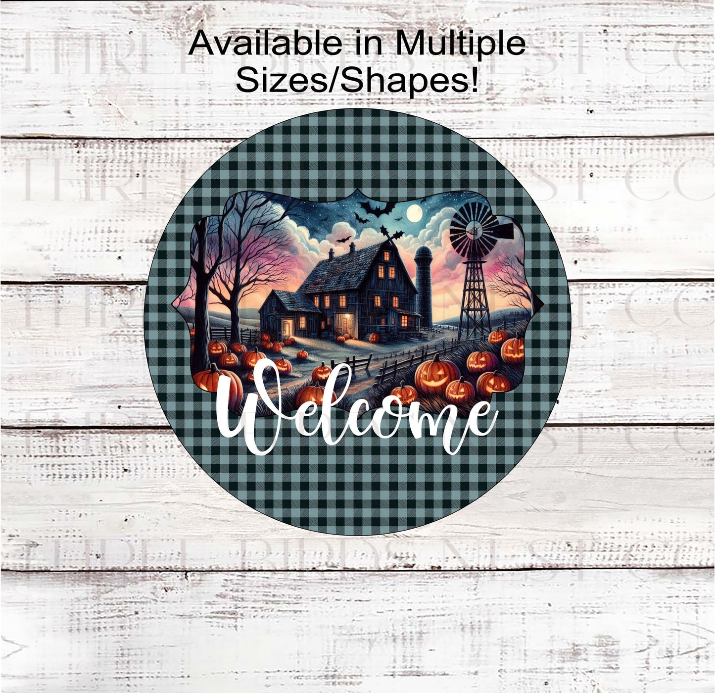 An adorable Haunted House sign with a Welcome message and a Haunted Farm scene.