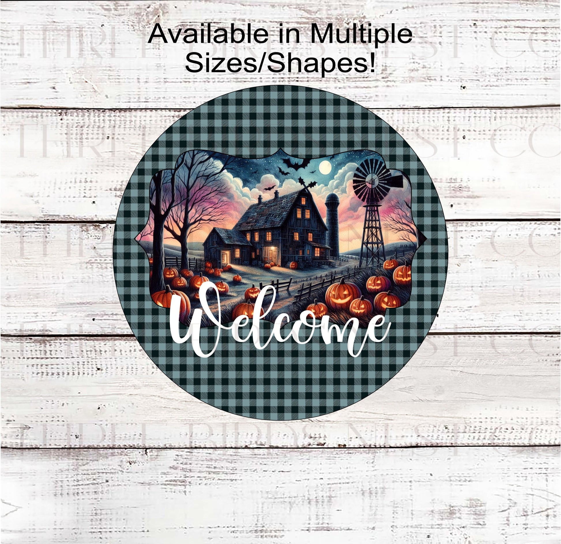 An adorable Haunted House sign with a Welcome message and a Haunted Farm scene.