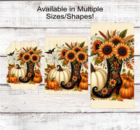 
              Halloween Witch Boot Wreath Sign - Fall Sunflowers Decor - Pumpkins Sign - Black Bat
            