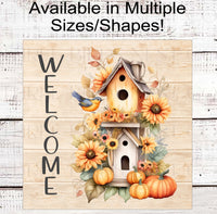 
              Fall Birdhouse Welcome Wreath Sign - Sunflowers and Pumpkins
            