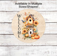 
              A beautiful Fall Birdhouse Welcome Wreath Sign with Sunflowers and Pumpkins.
            