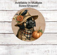 
              An adorable Leonberger puppy dog in a scarecrow hat with his black crow friend.
            