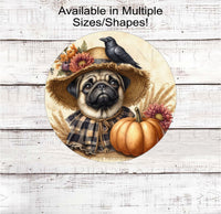 
              An adorable Pug puppy dog in a scarecrow hat with his black crow friend.
            