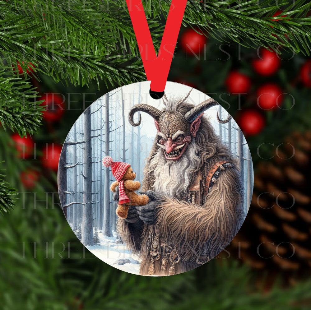 This double-sided metal Christmas Ornament features Krampus with his Teddy Bear in a winter woodland setting.