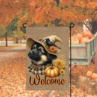 A Fall Welcome Garden Flag with an adorable German Shepherd Puppy Dog