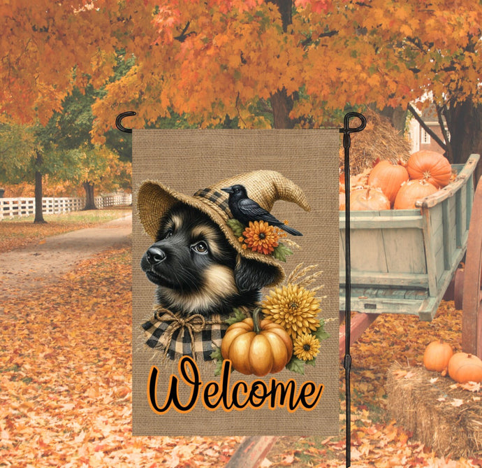 A Fall Welcome Garden Flag with an adorable German Shepherd Puppy Dog