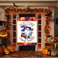 An adorable Halloween Garden Flag featuring an adorable Ghost in sneakers with his Halloween Candy