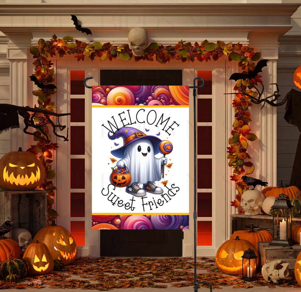 An adorable Halloween Garden Flag featuring an adorable Ghost in sneakers with his Halloween Candy