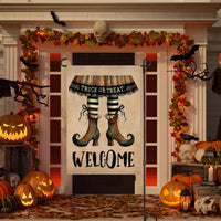 An adorable Halloween Garden Flag featuring a primitive pair of Witch Legs with a Trick or Treat and Welcome message.