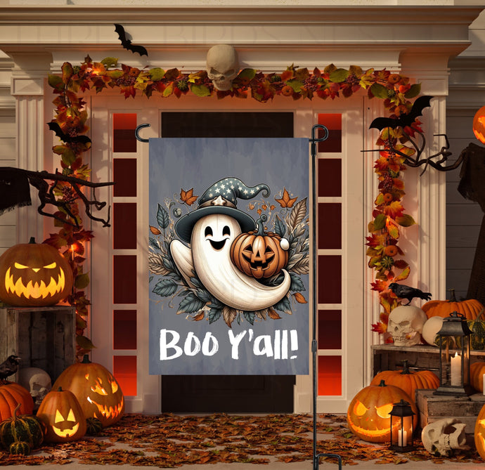 A perfect Halloween Garden Flag featuring an adorable Ghost and Jack O Lantern with a Boo Yall message.