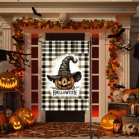 An adorable Halloween Garden Flag featuring a primitive Jack O Lantern on black and white plaid.