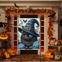 An adorable Halloween Garden Flag featuring a fluffy Black Cat with blue vintage Halloween accents and a Witch Hat.