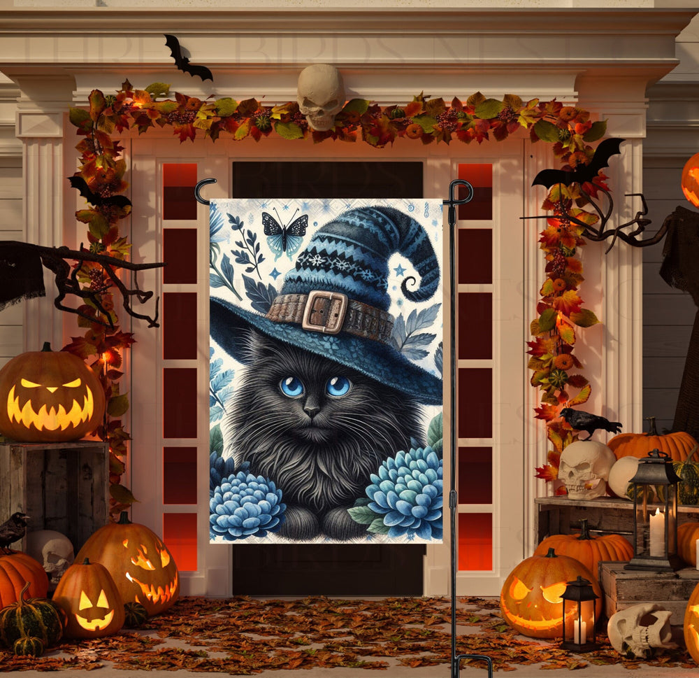 An adorable Halloween Garden Flag featuring a fluffy Black Cat with blue vintage Halloween accents and a Witch Hat.