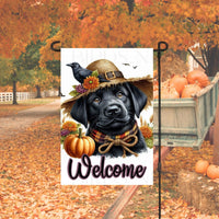 An adorable Black Labrador Retriever Puppy Dog dressed as a Scarecrow with a Welcome Fall message.