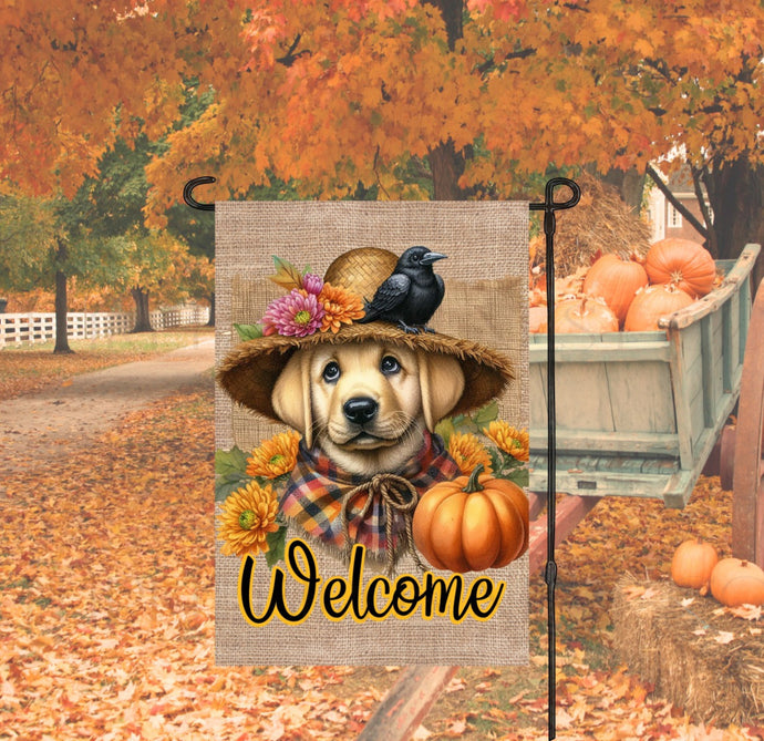 An adorable Yellow Labrador Retriever Puppy Dog dressed as a Scarecrow with a Welcome Fall message.