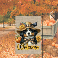 An adorable Bernese Mountain Dog Puppy dressed as a Scarecrow with a Welcome Fall message.