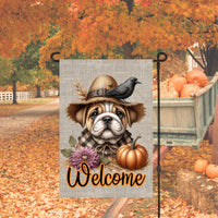 An adorable English Bulldog Puppy dressed as a Scarecrow with a Welcome Fall message.