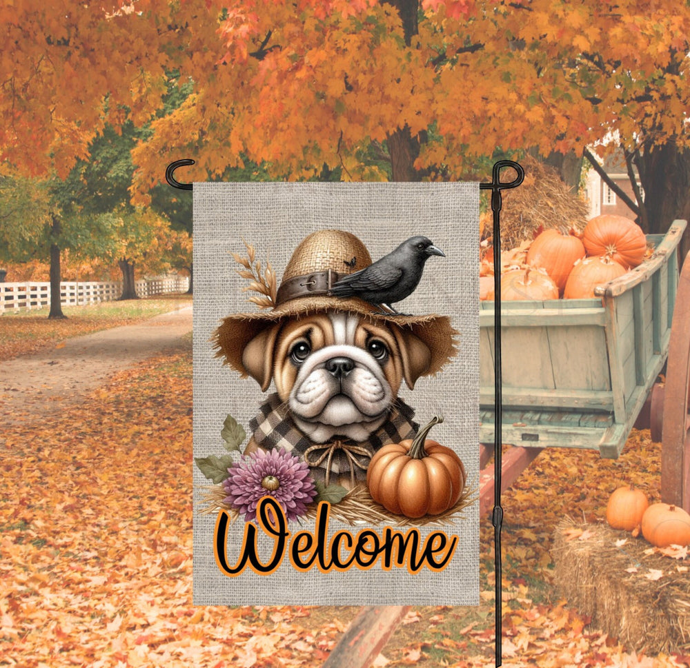 An adorable English Bulldog Puppy dressed as a Scarecrow with a Welcome Fall message.