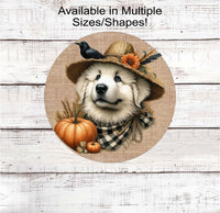 
              An adorable Great Pyrenees puppy dog in a scarecrow hat with his black crow friend.
            