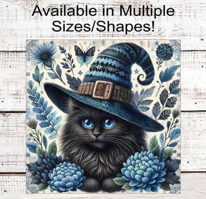 Black Cat Halloween Wreath Sign - Blue Halloween - Spooky Season - Vintage Halloween