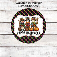 An adorable trio of Snowmen, all dressed up and ready for Halloween- all on a brightly colored Snowflakes background.