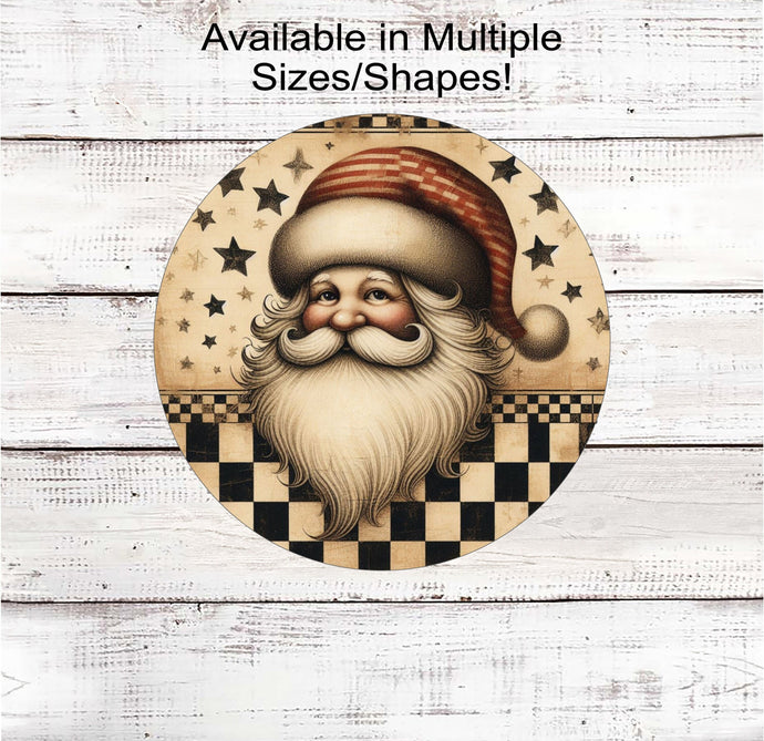 An adorable primitive Santa Claus on a stars and checkerboard background