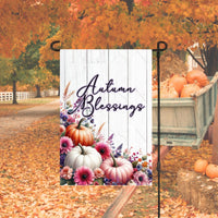 A beautiful Autumn Blessings Garden Flag with a pastel display of pumpkins and flowers.