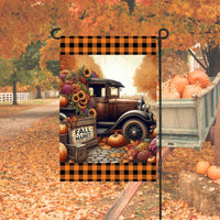 A beautiful Fall Market Garden Flag with a vintage old Truck will with Fall Sunflowers and foliage, with pumpkins and Mums.