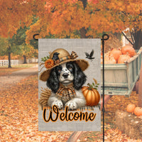 An adorable English Springer Spaniel Puppy Dog dressed as a Scarecrow with a Welcome Fall message.