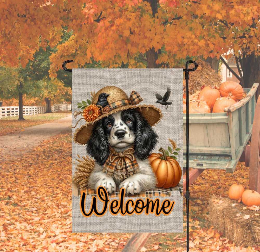 An adorable English Springer Spaniel Puppy Dog dressed as a Scarecrow with a Welcome Fall message.