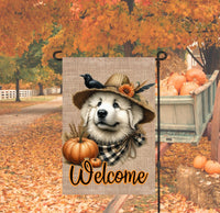 
              An adorable Great Pyrenees Puppy Dog dressed as a Scarecrow with a Welcome Fall message.
            