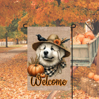 An adorable Great Pyrenees Puppy Dog dressed as a Scarecrow with a Welcome Fall message.