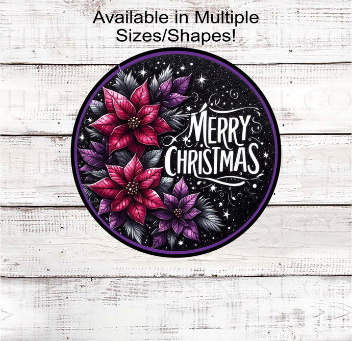 A beautiful Merry Christmas sign with purple pastel poinsettia flowers.