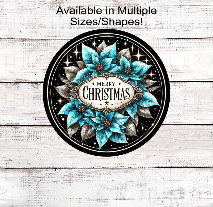 A beautiful Merry Christmas sign with blue pastel poinsettia flowers.