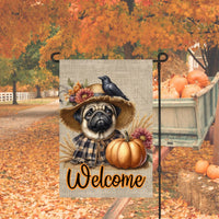 An adorable Pug puppy dog ready for Fall in his Scarecrow accents.